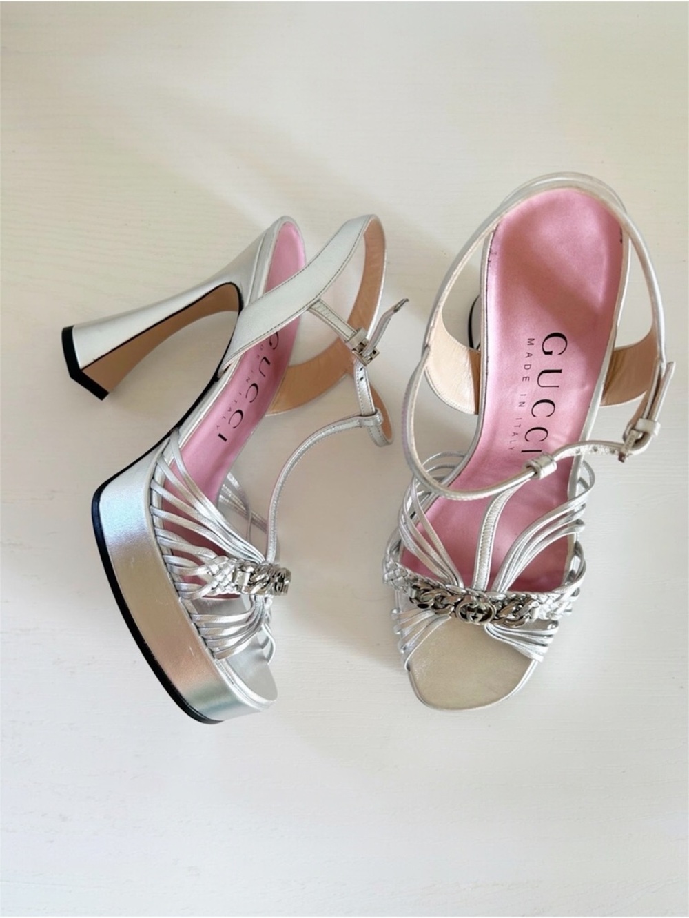 Gucci Silver GG Chain Platform Heels Strappy Sandals Size EU 37.5